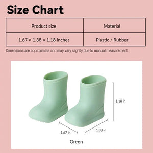 Dollhouse rain boots size chart showing mint green garden wellies in 1:12 scale