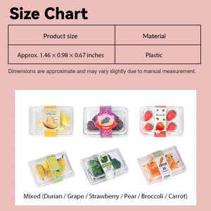 Mixed produce size chart with Dollhouse Supermarket Fruit & Vegetable boxes, clear packaged grocery set sized for 1:12 scale kitchen or shop planning