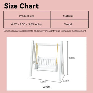 Dollhouse swing size chart showing white wooden design in 1:12 scale