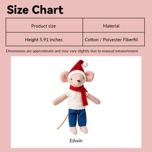 Christmas father mouse doll size chart showing 6-inch Edwin in festive clothes for 1:12 scale