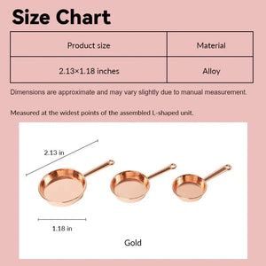 Dollhouse frying pan set size chart showing gold alloy pans in 1:12 scale