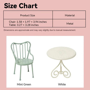 miniature patio furniture size chart showing metal table and chairs in 1:12 scale