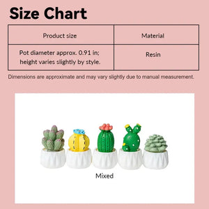 Miniature potted plant set size chart showing mixed resin cactus styles in 1:12 scale