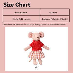 Christmas girl mouse doll size chart showing Pip's festive look in 1:12 scale