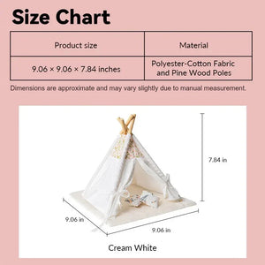Dollhouse teepee size chart for cream white fabric tent with pine wood poles in 1:12 scale nursery scenes