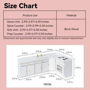 dollhouse kitchen counter size chart showing white L-shaped sink and stove in 1:12 scale