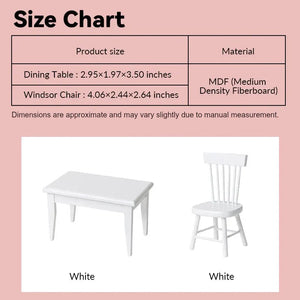 Dollhouse dining set size chart showing white table and Windsor chair in 1:12 scale
