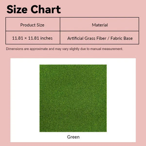 Model grass mat size chart showing green artificial turf and fabric base in 1:12 scale