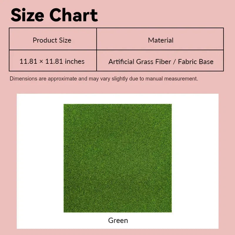 Model grass mat size chart showing green artificial turf and fabric base in 1:12 scale