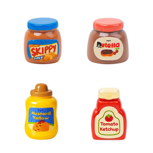 Miniature Condiments set with peanut butter, Nutella, mustard, and ketchup jars, perfect for dollhouse kitchen shelves or picnic basket displays
