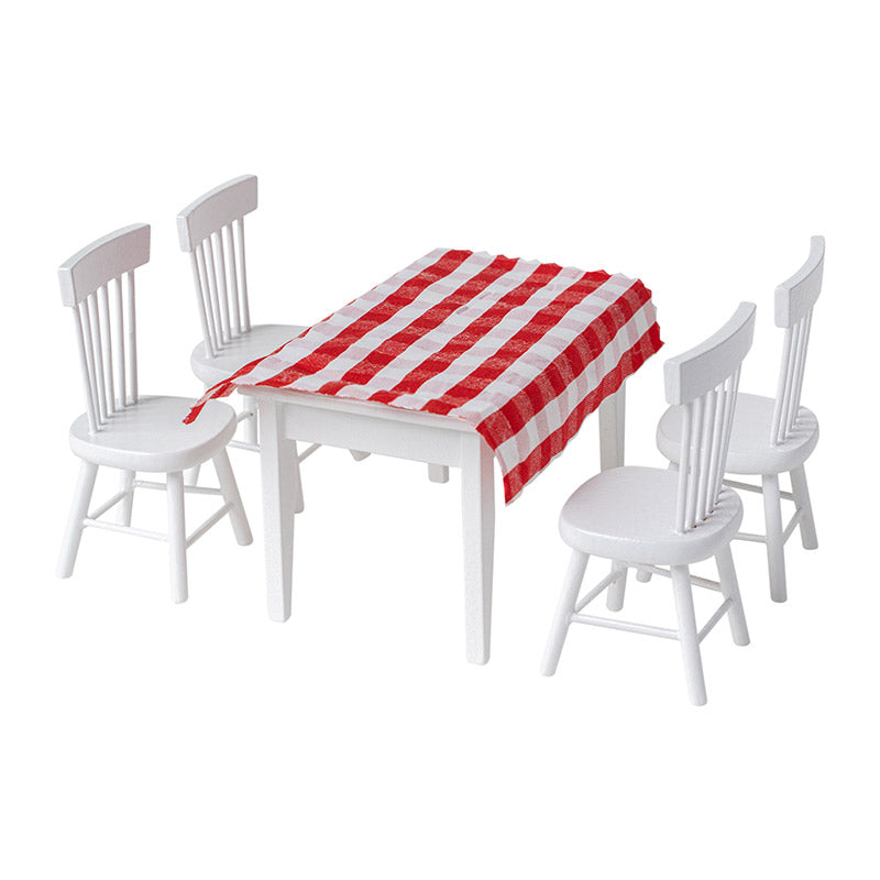 White Square Dining Table & Windsor Chair | Choose from Dining Set (with Red Checkered Tablecloth), Table Only, or Chair Only – 1:12 Scale Dollhouse Furniture