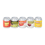 Miniature Soda Cans assorted fruit drink set with orange, grape, strawberry, apple, and banana labels for dollhouse kitchen shelves or picnic scenes