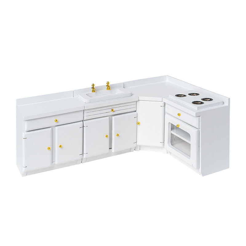 White L-Shaped Kitchen Counter with Sink and Stove – 1:12 Scale Dollhouse Furniture