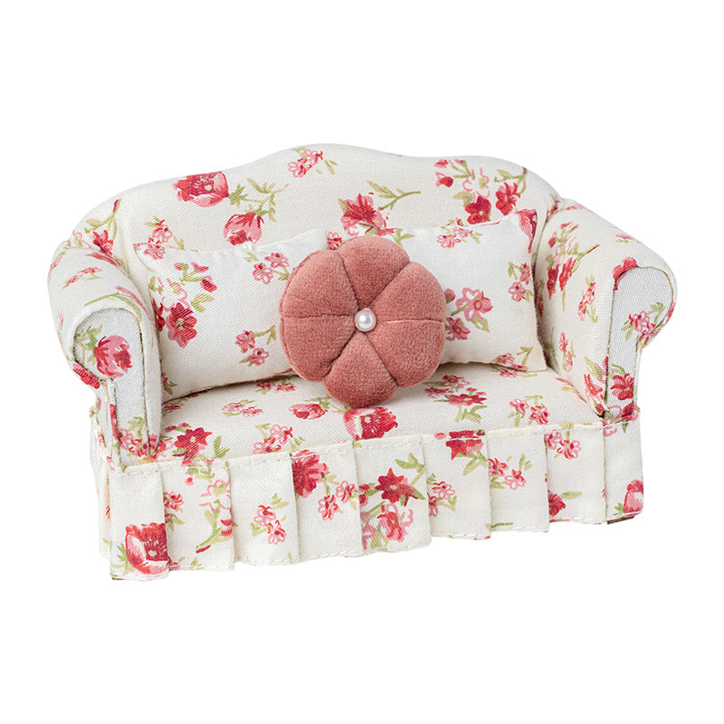 Vintage Floral 2-Seater Sofa with Pink Floral Pillow – 1:12 Scale Dollhouse Furniture