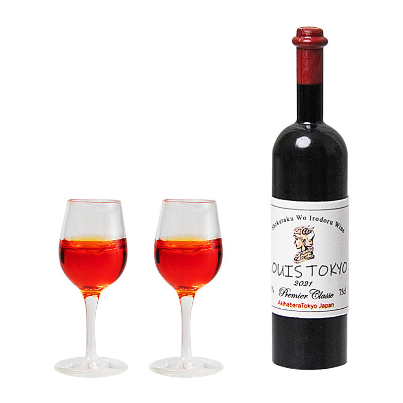 White background product image of a miniature wine bottle with two wine glasses for a 1:12 scale dollhouse scene