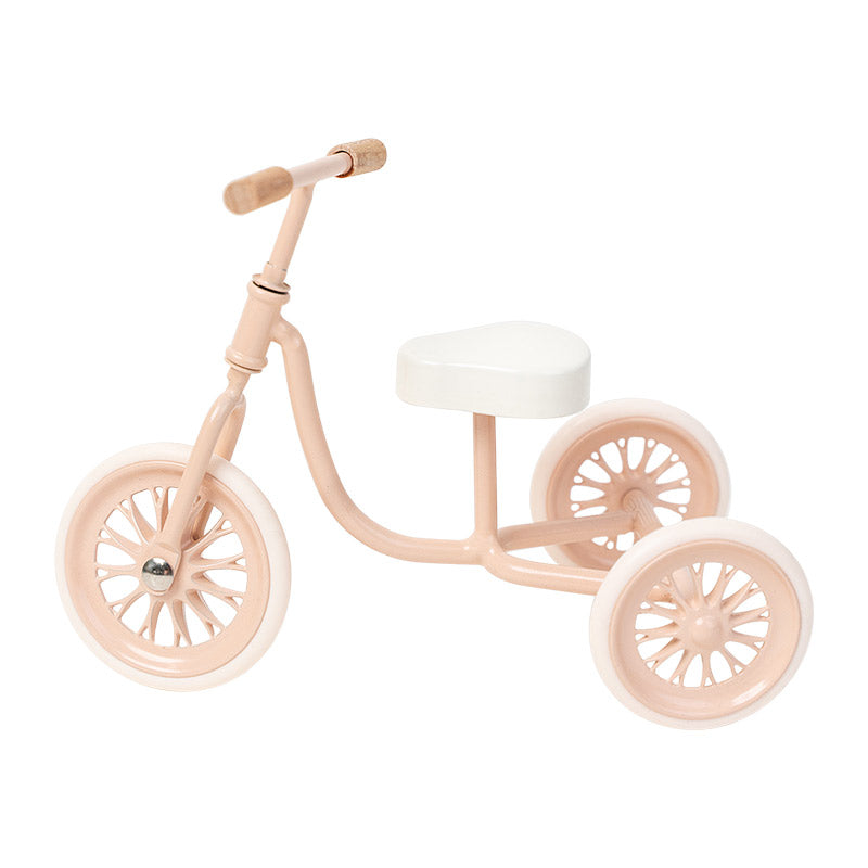 Miniature tricycle pink vintage metal ride-on, charming 1:12 scale dollhouse nursery or garden accessory with moving wheels