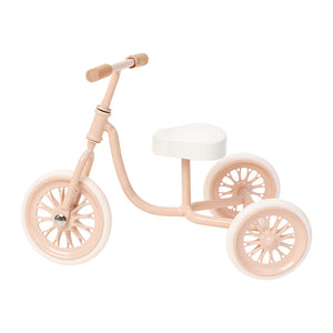 Miniature tricycle pink vintage metal ride-on, charming 1:12 scale dollhouse nursery or garden accessory with moving wheels