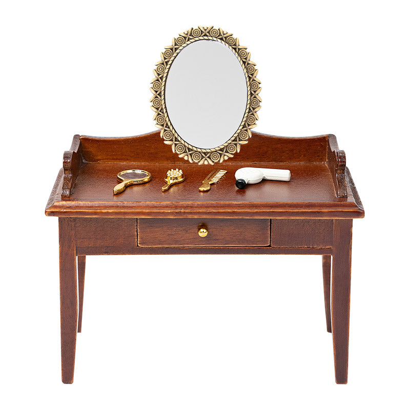 Miniature dressing table wooden vanity with mirror and haircare set, elegant 1:12 scale dollhouse bedroom accent with drawer