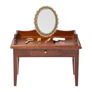 Miniature dressing table wooden vanity with mirror and haircare set, elegant 1:12 scale dollhouse bedroom accent with drawer