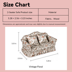 satin dollhouse sofa size chart showing vintage floral upholstery in 1:12 scale