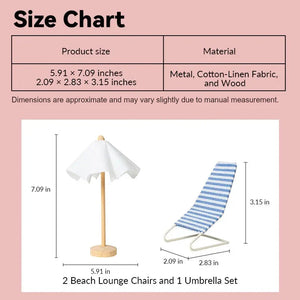 Dollhouse beach chair set size chart showing blue and white chairs and umbrella in 1:12 scale