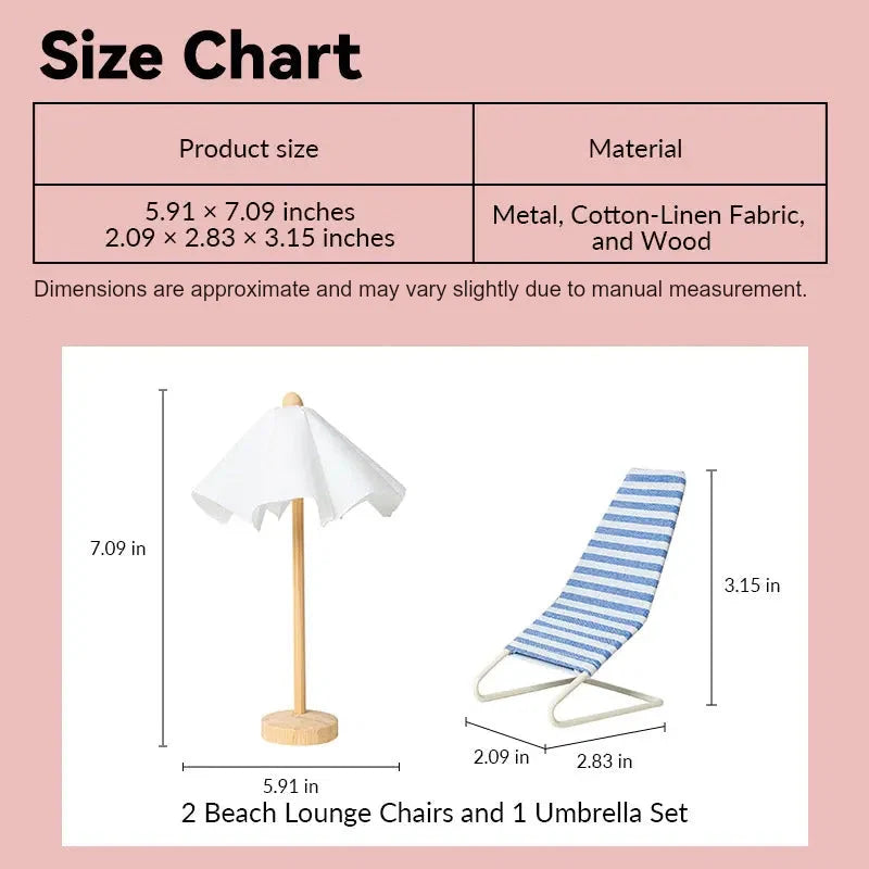 Dollhouse beach chair set size chart showing blue and white chairs and umbrella in 1:12 scale