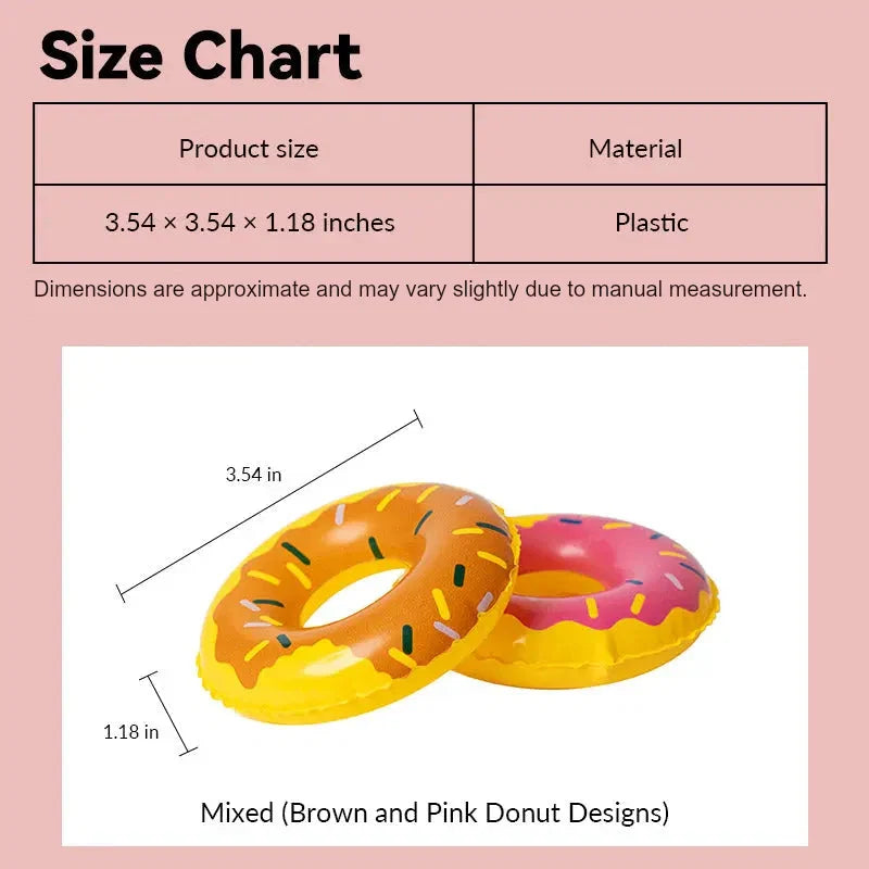 Dollhouse pool floats size chart showing brown and pink plastic donut rings in 1:12 scale