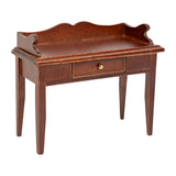 Miniature dressing table wooden vanity with drawer, warm 1:12 scale dollhouse bedroom styling for cozy morning scenes