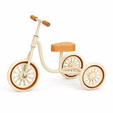 Miniature tricycle yellow vintage metal bicycle, warm 1:12 scale dollhouse playroom or sunny patio decor with rolling wheels