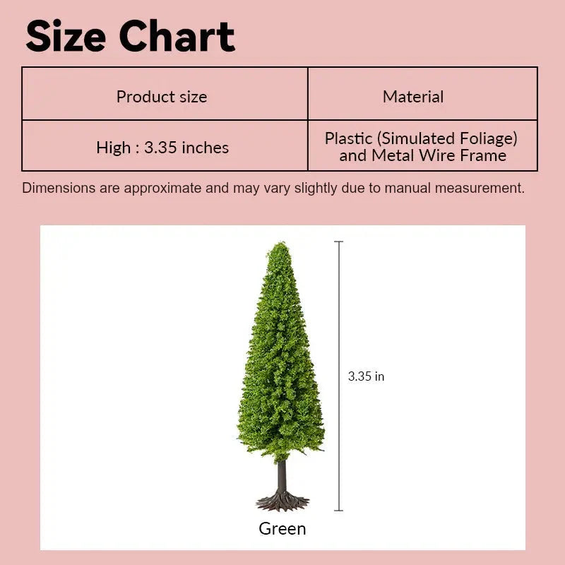 Dollhouse miniature tree size chart showing dense green foliage in 1:12 scale