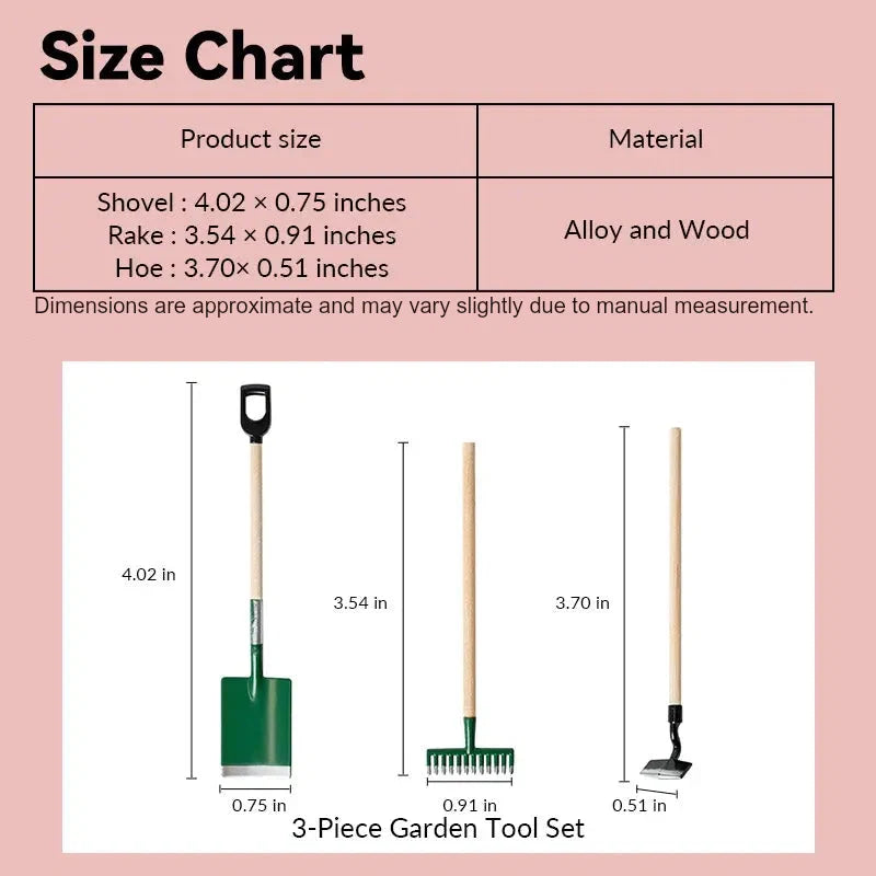Dollhouse garden tools size chart showing green alloy and wood 3-piece set in 1:12 scale