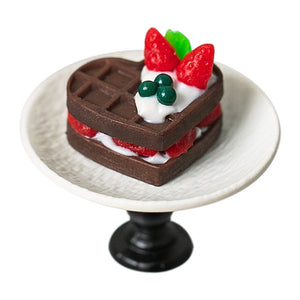 White background product image of a miniature dessert plate set with dessert and stand for a 1:12 scale dollhouse