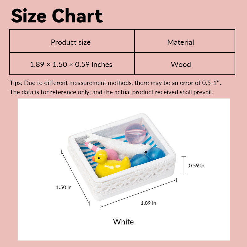 1:12 scale baby toy basket size chart showing white lace basket dimensions, sweet nursery accessory for dollhouse room styling