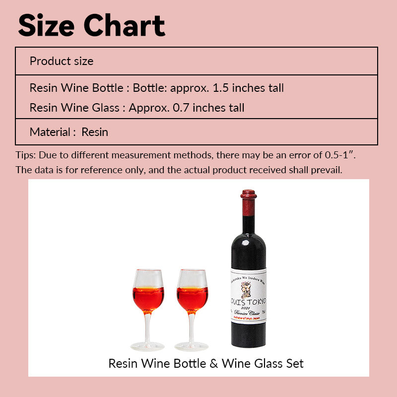 Size chart image showing measurements of a miniature wine bottle and two wine glasses for a 1:12 scale dollhouse scene