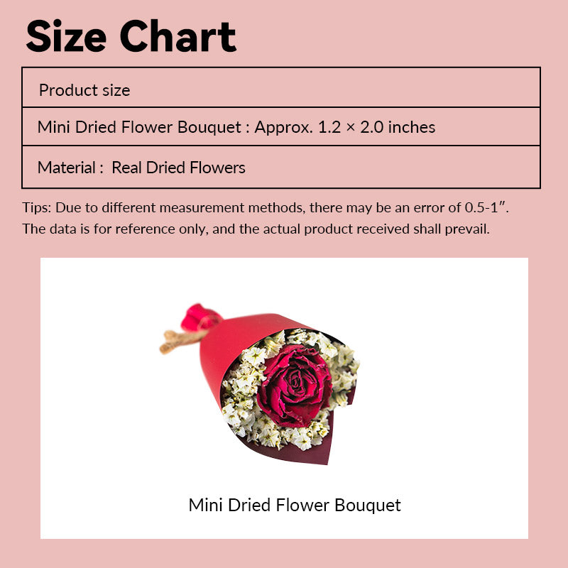 Size chart showing dimensions and material of a mini dried flower bouquet made with real dried flowers for a 1:12 scale dollhouse scene