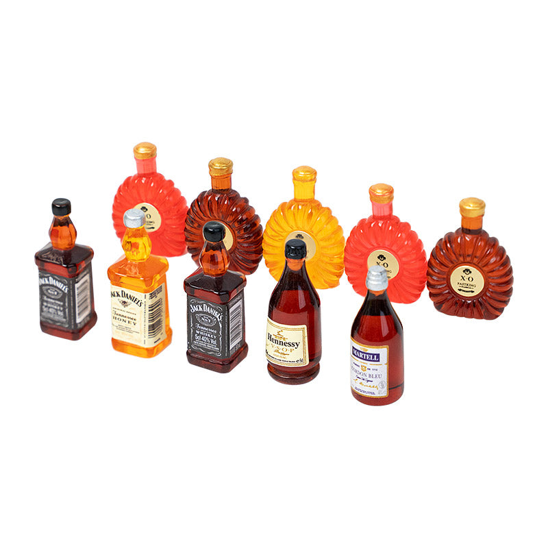 Miniature wine bottles set of 10 in assorted colors, tiny dollhouse bar accessories for dining table, cabinet shelves, or festive party scenes