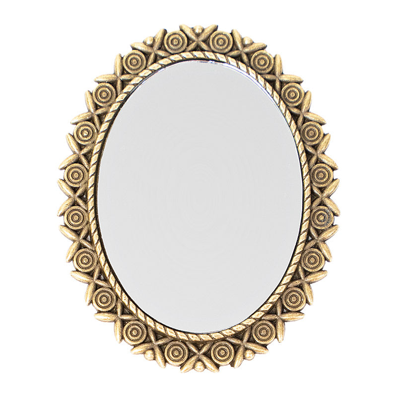 Miniature dressing table vintage oval metal mirror with rose trim, ornate 1:12 scale dollhouse vanity decor for elegant bedrooms