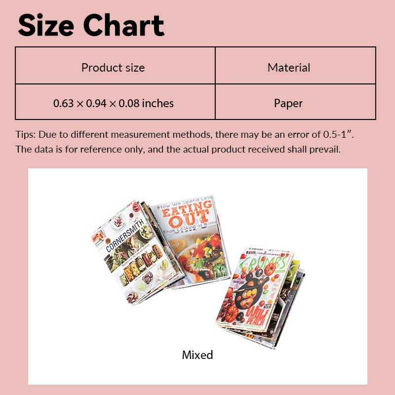 Dollhouse magazine size chart showing mixed full-color flippable book set, realistic 1:12 scale reading accessories