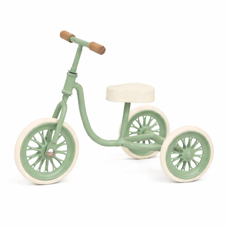 Miniature tricycle green retro metal ride-on, sweet 1:12 scale dollhouse picnic or garden accent with functional wheels