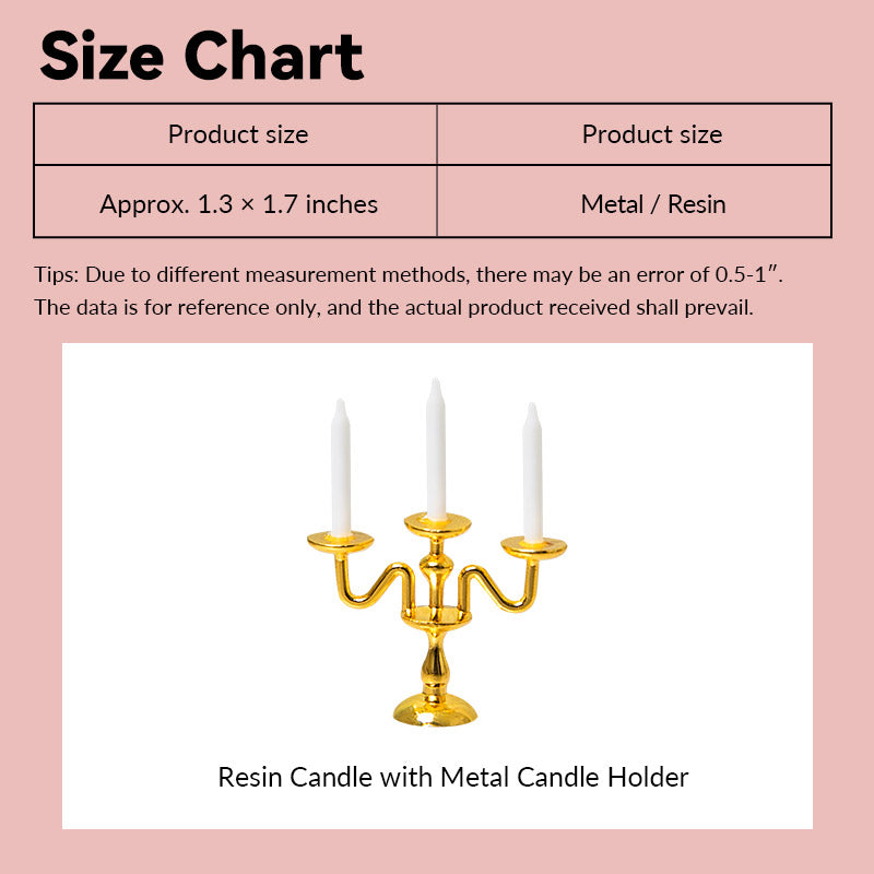 Size chart image showing measurements of a resin candle with metal mini candle holder for a 1:12 scale dollhouse scene