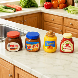 Whimsical dollhouse pantry display with colorful resin condiments, creating a cozy kitchen scene with playful miniature food