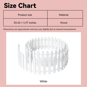 Dollhouse picket fence size chart showing white wooden garden fencing in 1:12 scale