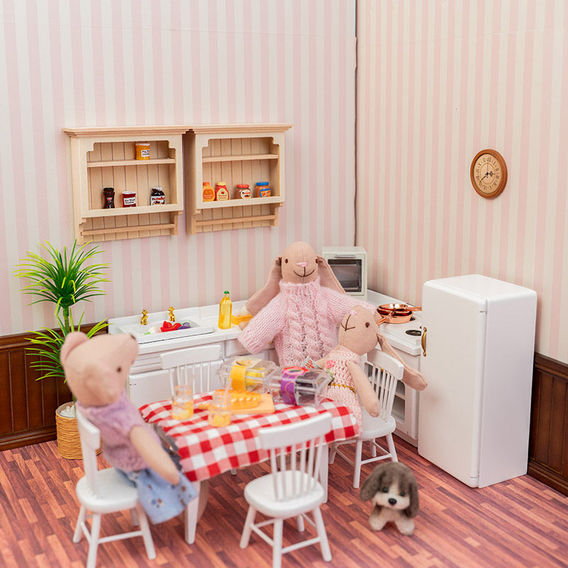 Warm dollhouse scene with natural wooden wall shelves, showing pantry items and kitchen condiments