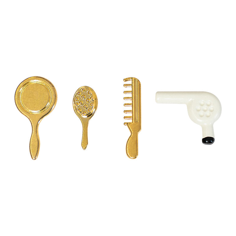 Dollhouse haircare accessories set with comb brush mirror and dryer, charming 1:12 scale vanity tabletop styling pieces