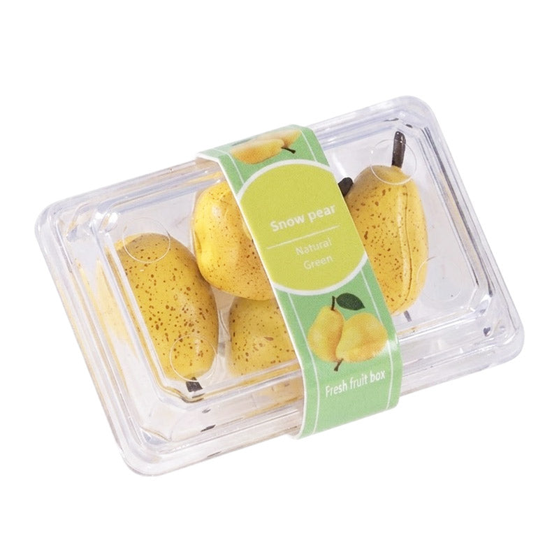 Fresh pear grocery box with realistic labels, dollhouse kitchen produce set for fridge storage, countertop styling, or market basket scenes