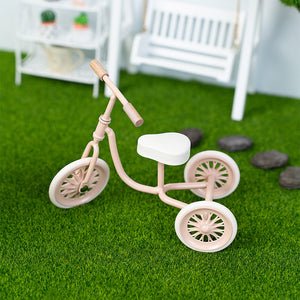 Dollhouse garden accessory pink vintage tricycle parked on lawn, lovely 1:12 scale outdoor play scene decor