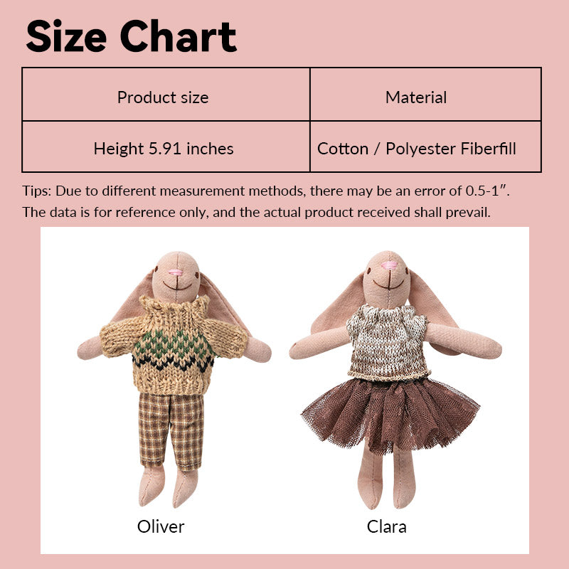 Size chart showing measurements of a fabric bunny couple figure set for a 1:12 scale dollhouse