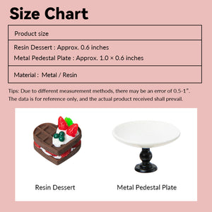 Size chart showing measurements of a miniature dessert plate set for a 1:12 scale dollhouse