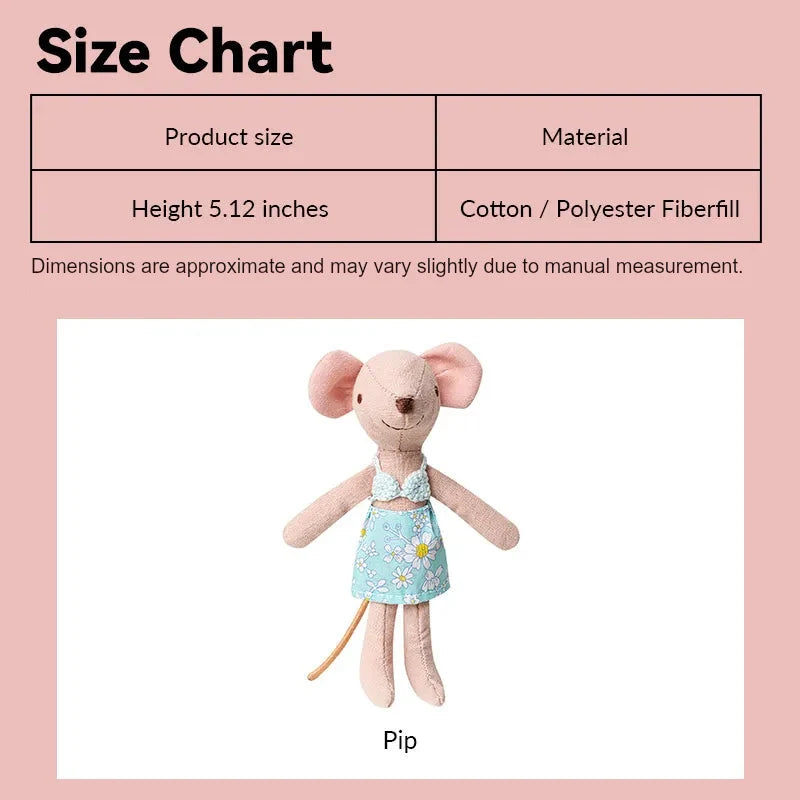 Handmade mouse doll Pip in daisy swimwear, cotton 5.12" figure size chart for 1:12 scale dollhouse beach scenes.