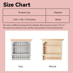 Wooden 2-tier hanging shelf size chart in gray and natural, reference for 1:12 scale dollhouse kitchen or room layout